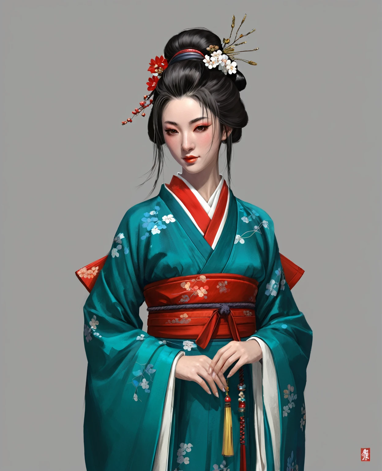 Нарисуй concept-арт самурая для MMORPG, centered on a Japanese setting. A geisha should inspire grace, sophistication and mystery, typical of Japanese culture. Picture her in a traditional kimono with details, combining elements of traditional and fantasy design. full length, concept, full length персонаж, digital painting