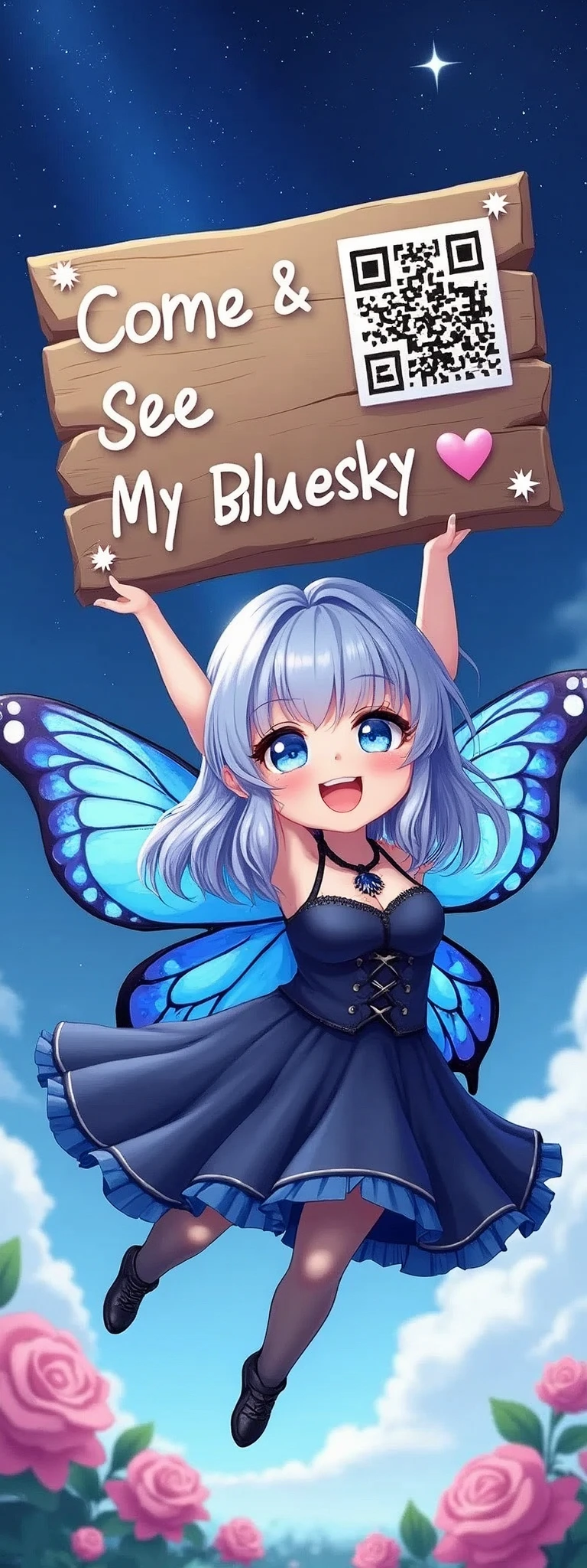 1girl\(fairy,cute,(chibi:0.8), big eyes, cosmic eyes, hair color cosmic, beautiful hair,cute hair style,gothic dress,beautiful dress,breast, blue wings of butterfly, sparkling blue scales,big smile,cute smile, holding big wooden hand held sign (((with QRcode))) says "Come & See My Bluesky ❤"\), background\(beautiful blue sky, twinkle stars,colorful flowers blooming\),(close up sign:1.5),dynamic pose,dynamic angle