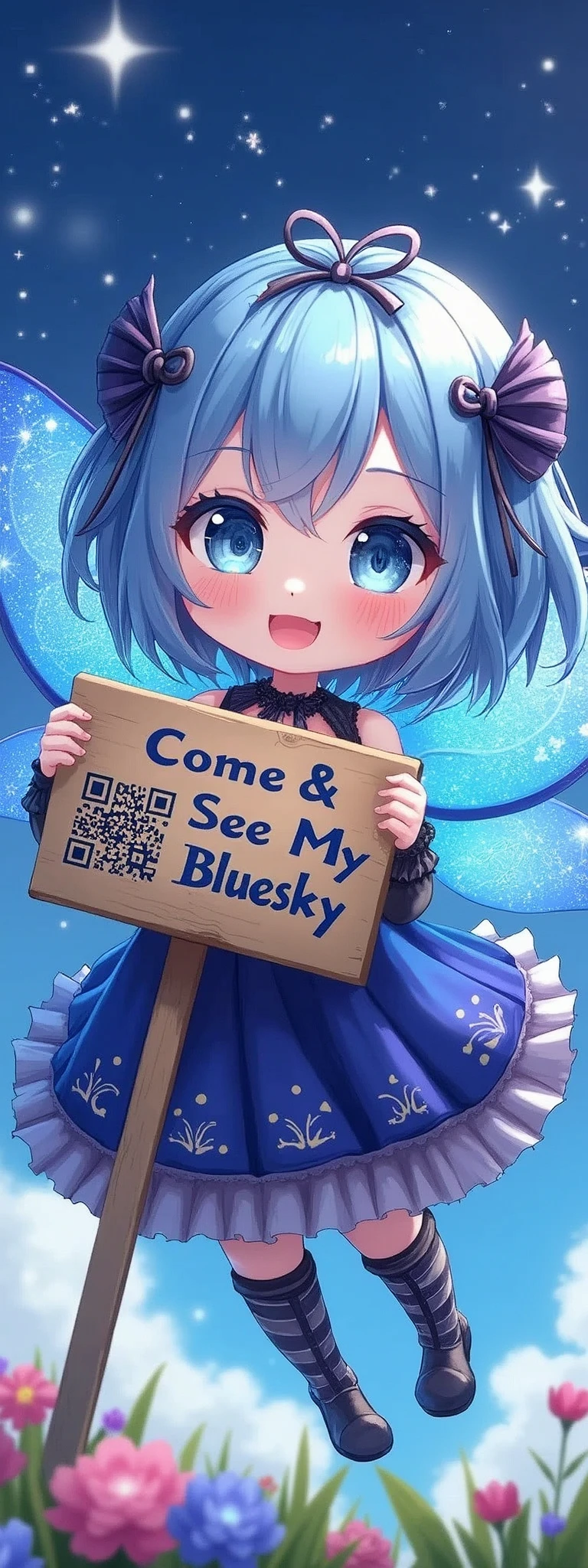 1girl\(fairy,cute,(chibi:0.8), big eyes, cosmic eyes, hair color cosmic, beautiful hair,cute hair style,gothic dress,beautiful dress,breast, blue wings of butterfly, sparkling blue scales,big smile,cute smile, holding big wooden hand held sign (with QRcode) says "Come & See My Bluesky ❤"\), background\(beautiful blue sky, twinkle stars,colorful flowers blooming\),(close up sign:1.3),dynamic pose,dynamic angle