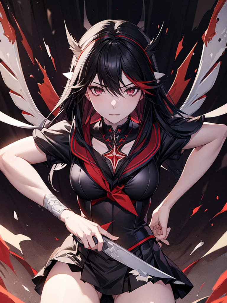 beautiful, masterpiece, Highest quality, Highly detailed face, Perfect lighting,One girl, alone, matoi ryuuko, Seraph of the Black, Black Skirt, Redhead, senketsu, Torn clothes, Underbust