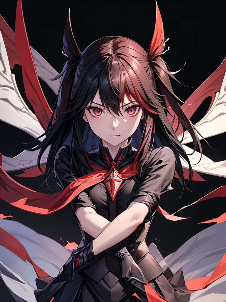 beautiful, masterpiece, Highest quality, Highly detailed face, Perfect lighting,One girl, alone, matoi ryuuko, Seraph of the Black, Black Skirt, Redhead, senketsu, Torn clothes, Underbust