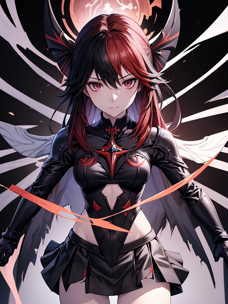 beautiful, masterpiece, Highest quality, Highly detailed face, Perfect lighting,One girl, alone, matoi ryuuko, Seraph of the Black, Black Skirt, Redhead, senketsu, Torn clothes, Underbust