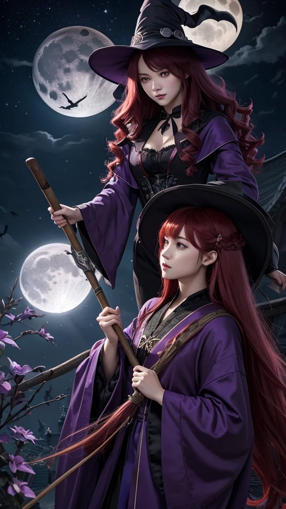 Moonlit Night、Gliding through the sky、Straddling a broom、mystery、Purple Robe、Magic wand、Black cat、Twilight、Jack Lantern、long-haired with red hair、adult、ambition、strong、witch、