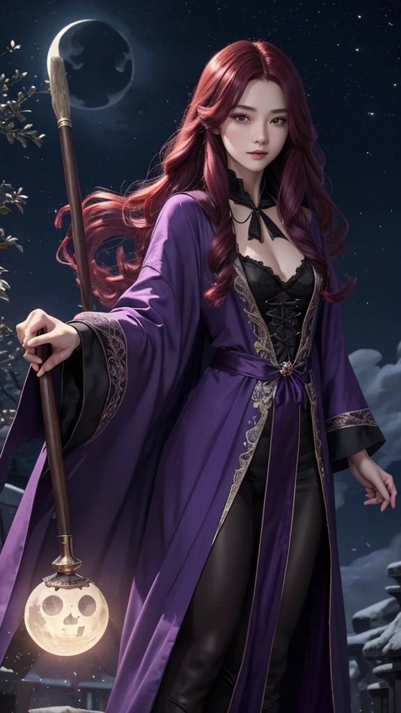 Moonlit Night、Gliding through the sky、Straddling a broom、mystery、Purple Robe、Magic wand、Black cat、Twilight、Jack Lantern、long-haired with red hair、adult、ambition、strong、witch、