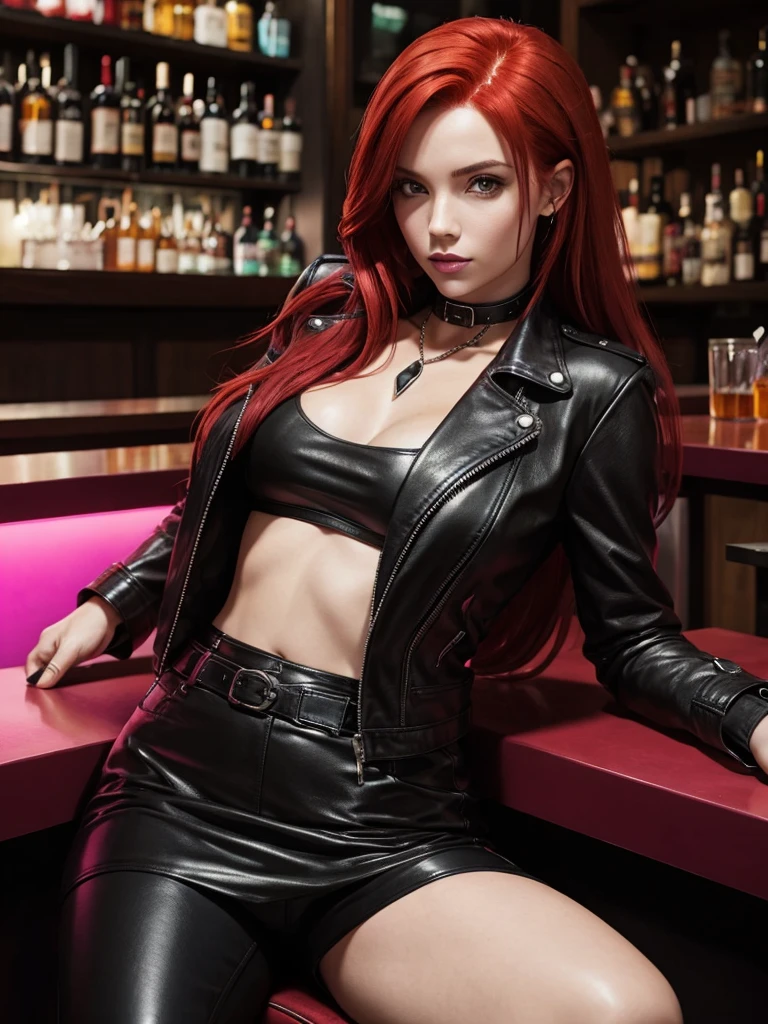 Caucasion woman with red hair wearing black leather sitting at a bar in a cyberpink city