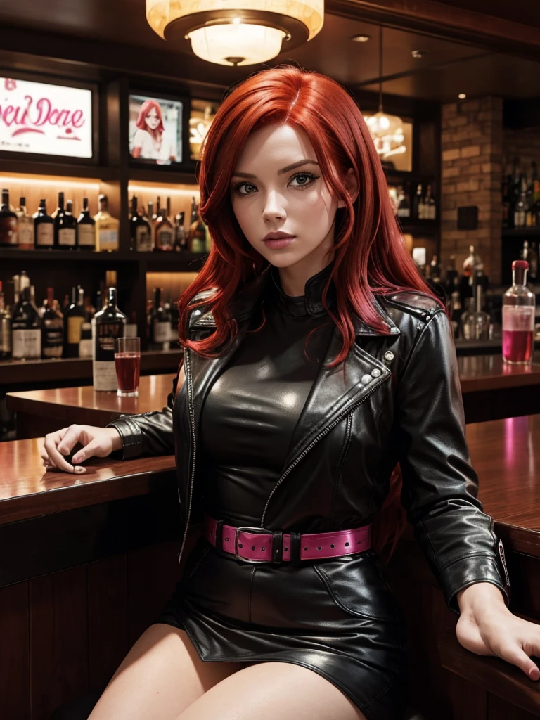 Caucasion woman with red hair wearing black leather sitting at a bar in a cyberpink city