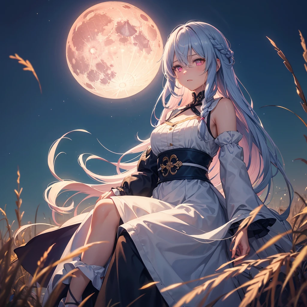 (Sky blue braided medium length hair), (Pink eyes),(Fair skin) ,(whole body),(One Girl),(harvest moon),(Miscanthus sinensis in the background),autumn,(full moon),(masterpiece, Highest quality, Very detailed, Best Shadow), (Detailed Background), (Beautifully detailed face), High Contrast, (Best lighting, Very delicate and beautiful), ((Cinematic Light)), Hyper Detail,8k, Dramatic Light,