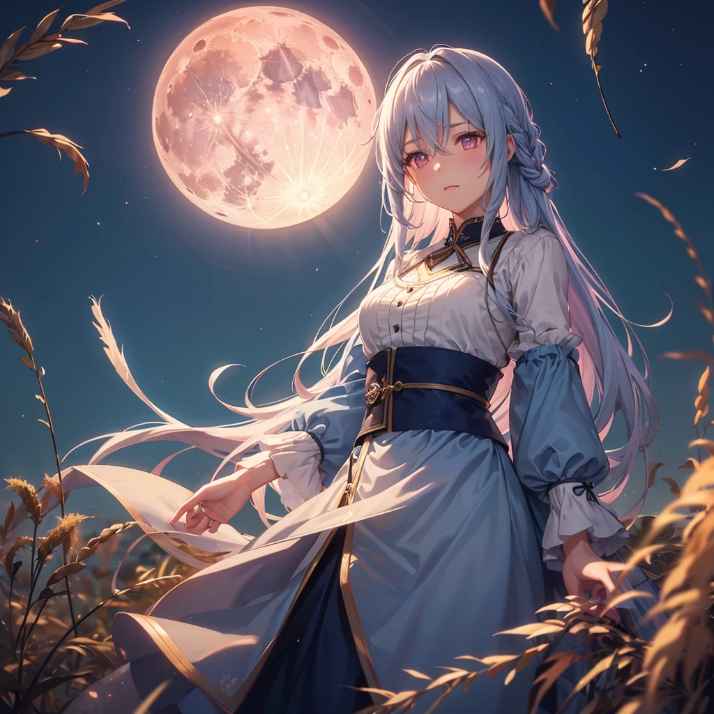 (Sky blue braided medium length hair), (Pink eyes),(Fair skin) ,(whole body),(One Girl),(harvest moon),(Miscanthus sinensis in the background),autumn,(full moon),(masterpiece, Highest quality, Very detailed, Best Shadow), (Detailed Background), (Beautifully detailed face), High Contrast, (Best lighting, Very delicate and beautiful), ((Cinematic Light)), Hyper Detail,8k, Dramatic Light,