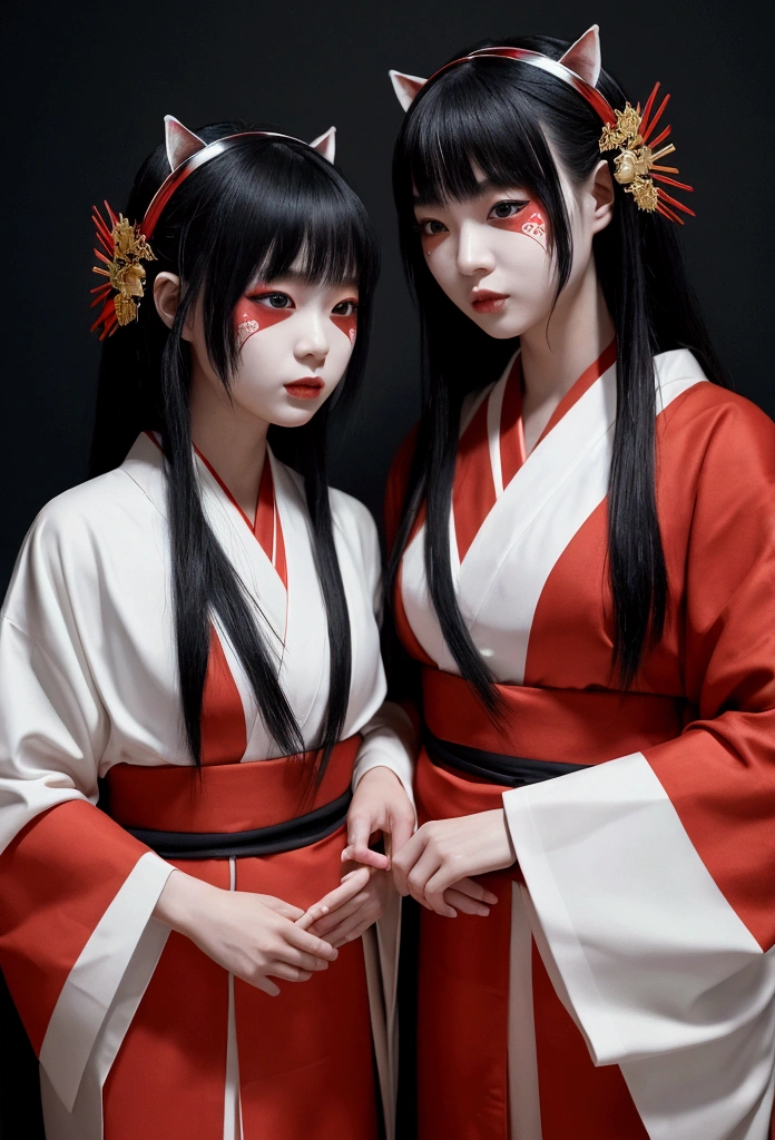 Realistic and cinematic style, two Miko priestesses, one in a luxurious red and white kimono, the other in an elegant black kimono, both with intricate face paint and lavish accessories. They stand facing each other, hands pressed together as if in a ritual, their intense gazes locked. The red and white Miko is surrounded by a bright, divine aura that seems to radiate warmth and light, while the black Miko is enveloped in a dark, ominous atmosphere, with shadows swirling around her. Their kimonos flutter slightly as if caught in a gentle breeze, adding a sense of movement to the scene. The camera captures them from a slightly lower angle, in a mid-shot that includes them from the thighs up, emphasizing their contrast and the mystical tension between them. The scene feels dynamic, charged with energy, as if the very air around them is alive with their opposing forces.