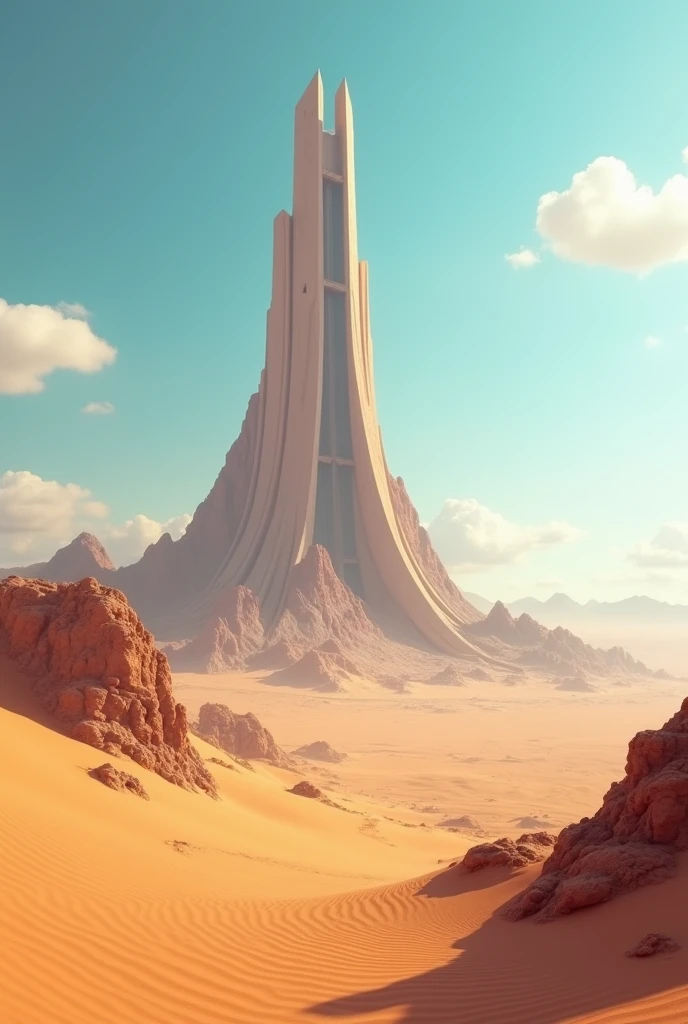 desert　There is a very large futuristic tower in the back.　sunny