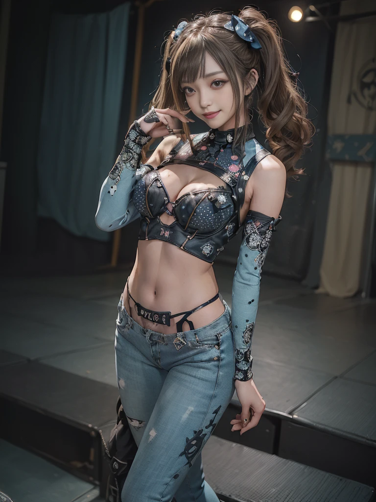(Three Women,3 girls:1.5),(Full Body View:1.3)、(Side view:1.1)、(Smiling with teeth showing:1.4),(Shibuya Gal:1.5)、(Gothic ta style fashion:1.5)、(Punk RockVisual Kei:1.5)、(Wearing a rhythmic gymnastics bodysuit with intricate details:1.4)、(Racing suit and pants with intricate turquoise, denim and charcoal decorations:1.5)、(Denim and light blue and turquoise boots:1.3)、((belt))、(Numerous delicate logo marks all over the costume:1.4)、(collar:1.3)、(Polka dot underwear:1.5)、20-year-old、NSFW、((Highest quality、In 8K、masterpiece:1.3))、Sharp focus:1.2、(Layered Cut、Huge boobs:1.1),Beautiful woman with perfect figure:1.4、(Ballerina posing:1.3)、Slender Abs:1.2、Highly detailed face and skin texture、Detailed eyes、double eyelid,(Twin tails:1.3)、(Brown-golden hair:1.3)、Gravure idol、(The three of them are posing together:1.3)、(The background is the stage of the fashion show:1.3)、(Slim Body:1.3),(Make your legs thinner:1.4),(clavicle:1.1)