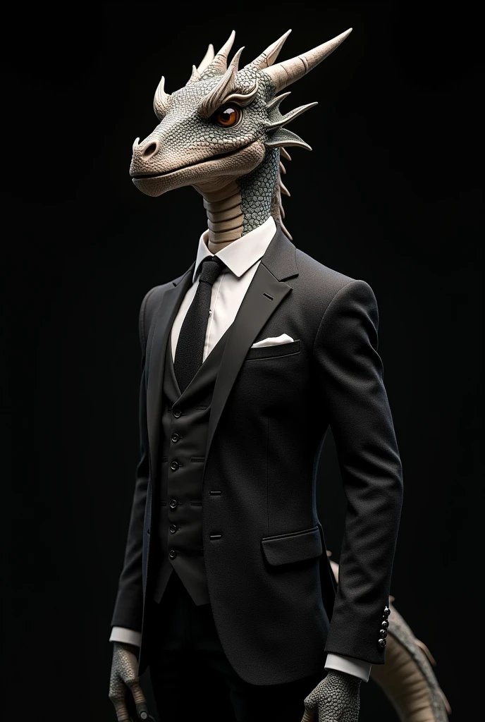 I want to draw a dragon wearing a suit, a dragon shaped like a human, wearing a suit like a gentleman, the background is black, especially that dragon must be very cool
