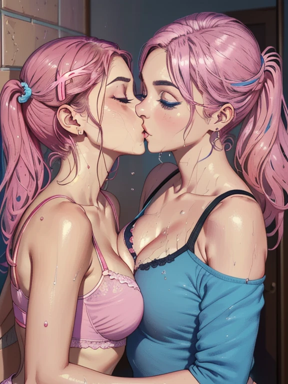 ​masterpiece, top-quality, Hi-Res, ((( 2girls))), ((Yuri)), ((the kiss:1.4)), (French Kissing), red blush:0.2, closed her eyes:0.5, (tongue), (Saliva), ((Touch)), hand on the breasts, (pink brassiere), Light Blue Bra, (Pink hair), (Light blue hair), long eyelashes, (The voluminous lips), lips simple, (Big eyes with double eyelids), ponytail, Ear-piercing, round and big buttocks, (Pointed bust top)、((the whole body is wet)), Shower on the wall, Shower room, steam, Accurate drawing, Elaborate illustrations, Detailed drawing, Anatomy of the human body, Perfect picture, Perfect Beautiful Girl