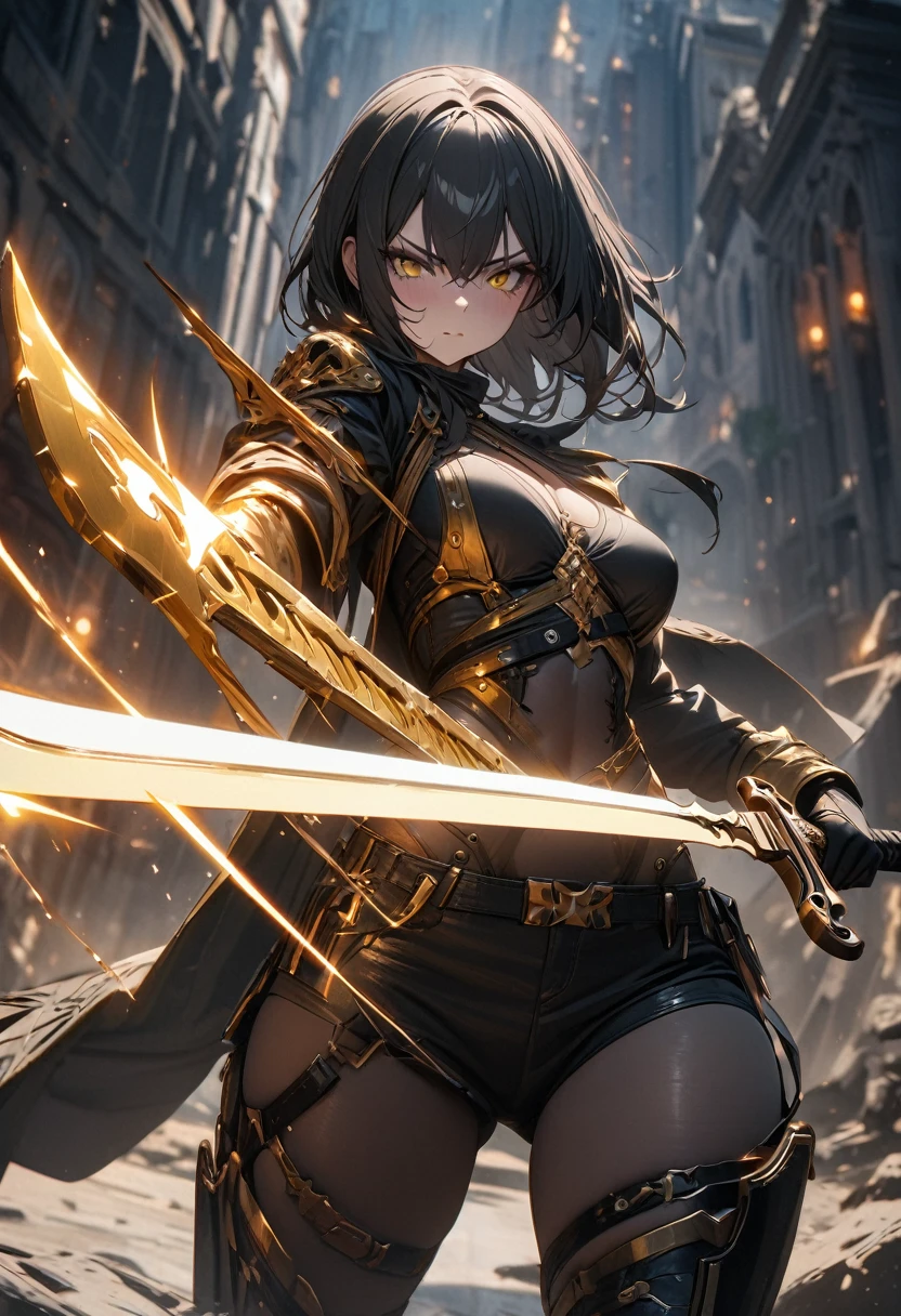 masterpiece, 8k, best quality, highly detailed, a female rogue wielding two serrated swords, one made of black necrotic metal & the other made of yellow electric metal