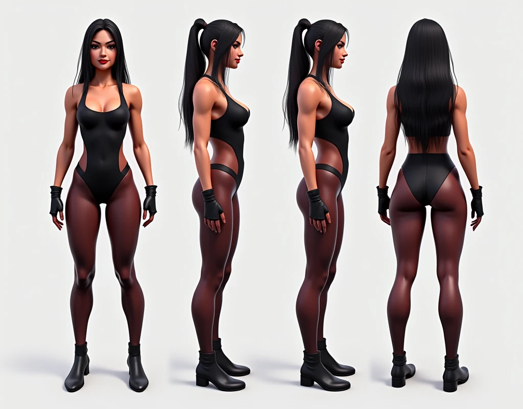 reference image, character design model sheet, kunoichi, amazoness, femme fatale spy, bodybuilder warrior princess, bodysuit, slim, curvy, fit, curvaceous, lean, thick, toned, thicc, trim, full figured, concept, long hair, 3d, game character, ultra-detailed, detailed face, detailed outfit, high quality, high detail, 8k, uhd, multiple views, two views, full body turnaround, one view she's seen from the front facing straight ahead looking towards the viewer, one view she's seen from the side in a side profile view when she's front view, side view, profile view, side profile view, she is from russia, china, angola, india, hawaii, mexico, ukraine.