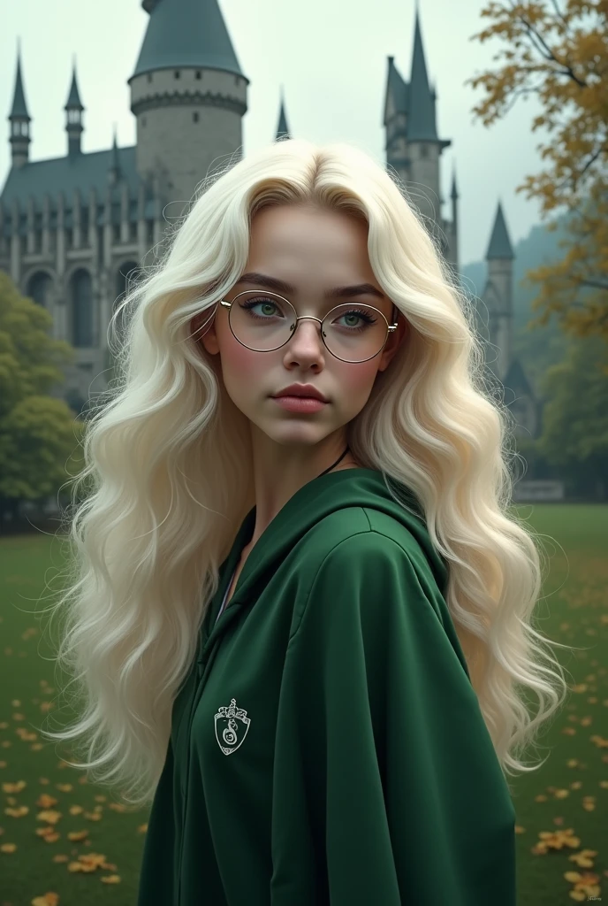 create an image of a white Brazilian woman with wavy platinum hair/long curly hair down to her back with a well-defined angelic face that wears glasses (a nice glasses), has kind eyes who is wearing Slytherin clothes in a place at Howgarts school from Harry Potter