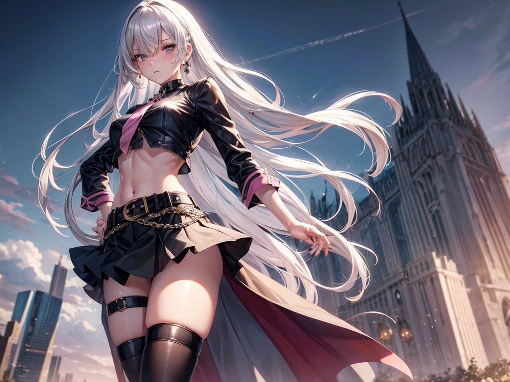 masterpiece, best quality, highres, Elizabeth, 1girl, jewelry, single thighhigh, silver hair, hair over one eye, midriff, black skirt, asymmetrical legwear, pink shirt, black thighhighs, belt, miniskirt, landscape, standing, standing, portrait, upper body
