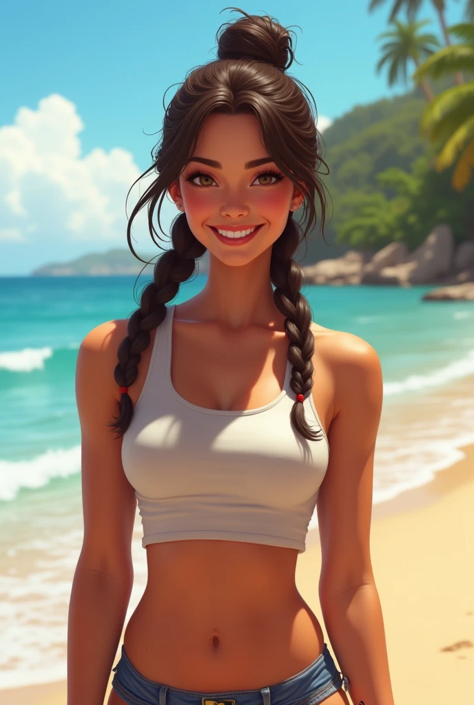 a light skin brunette girl with double braided hair smiling with toned muscle wearing a crop top on the beach