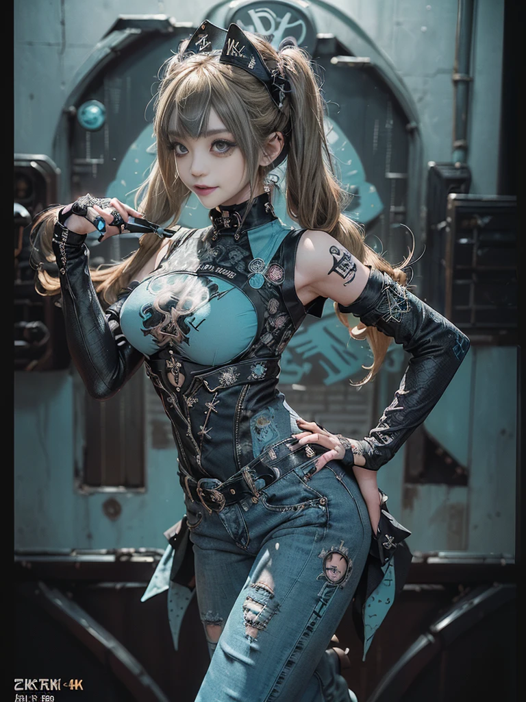 (Full Body View:1.2)、(Full body:1.3)、(Smiling with teeth showing:1.3),(Shibuya Gal:1.5)、(Gothic ta style fashion:1.5)、(Punk RockVisual Kei:1.5)、(Wearing a rhythmic gymnastics bodysuit with intricate details:1.4)、(Racing suit and pants with intricate turquoise, denim and charcoal decorations:1.5)、(Denim and light blue and turquoise boots:1.3)、((belt))、(Numerous delicate logo marks all over the costume:1.4)、(collar:1.3)、(Polka dot underwear:1.5)、20-year-old、NSFW、((Highest quality、In 8K、masterpiece:1.3))、Sharp focus:1.2、(Layered Cut、Huge boobs:1.1),Beautiful woman with perfect figure:1.4、(doing a gravure pose:1.3)、Slender Abs:1.2、Highly detailed face and skin texture、Detailed eyes、double eyelid,(Twin tails:1.3)、(Brown-golden hair:1.3)、Gravure idol、(The background is the stage of the fashion show:1.3)、(Slim Body:1.3),(Make your legs thinner:1.4),(clavicle:1.1)