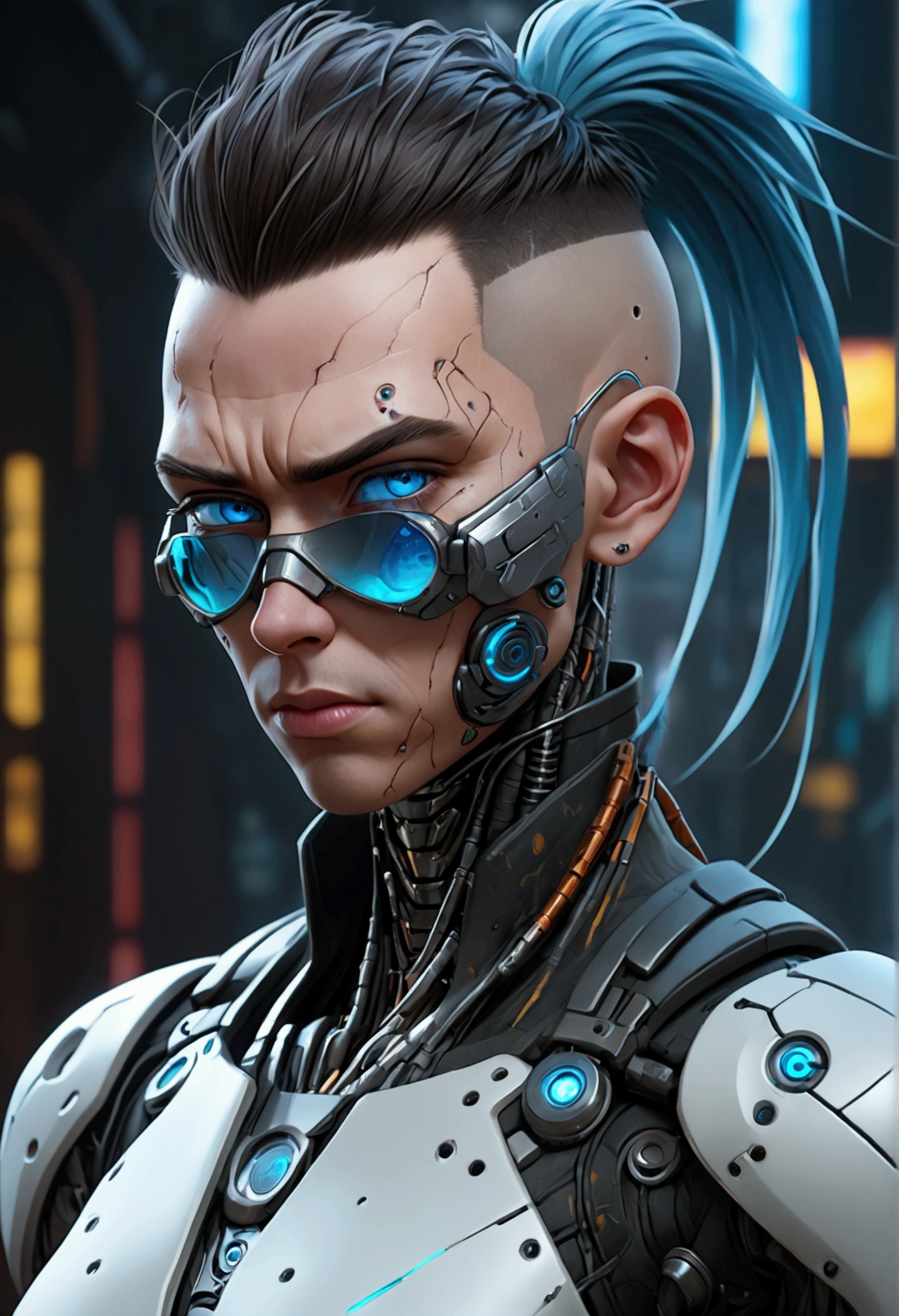 (best quality, Art, animation styling, Full of details), 1 man, official anime art illustration, White person with blue eyes, Cartoon of a man wearing a mask on his face, ((Rotting)) protruding eyes, semi-realistic cyberpunk style, Portrait of a cyberpunk man, cyberpunk art ultrarealistic 8k, cyberpunk style , hyper realist, cyberpunk character, Trends in ArtStation, Complete movie character, Trends in ArtStation 4k, Portrait of a cyberpunk cyborg, Cinematic realistic portraits, A perfectly realistic cyberpunk hero., incRottingibly detailed, 8k, Ultra HD, Art, best quality, very detailed, convoluted, Expressing the upper body, Show me your waist