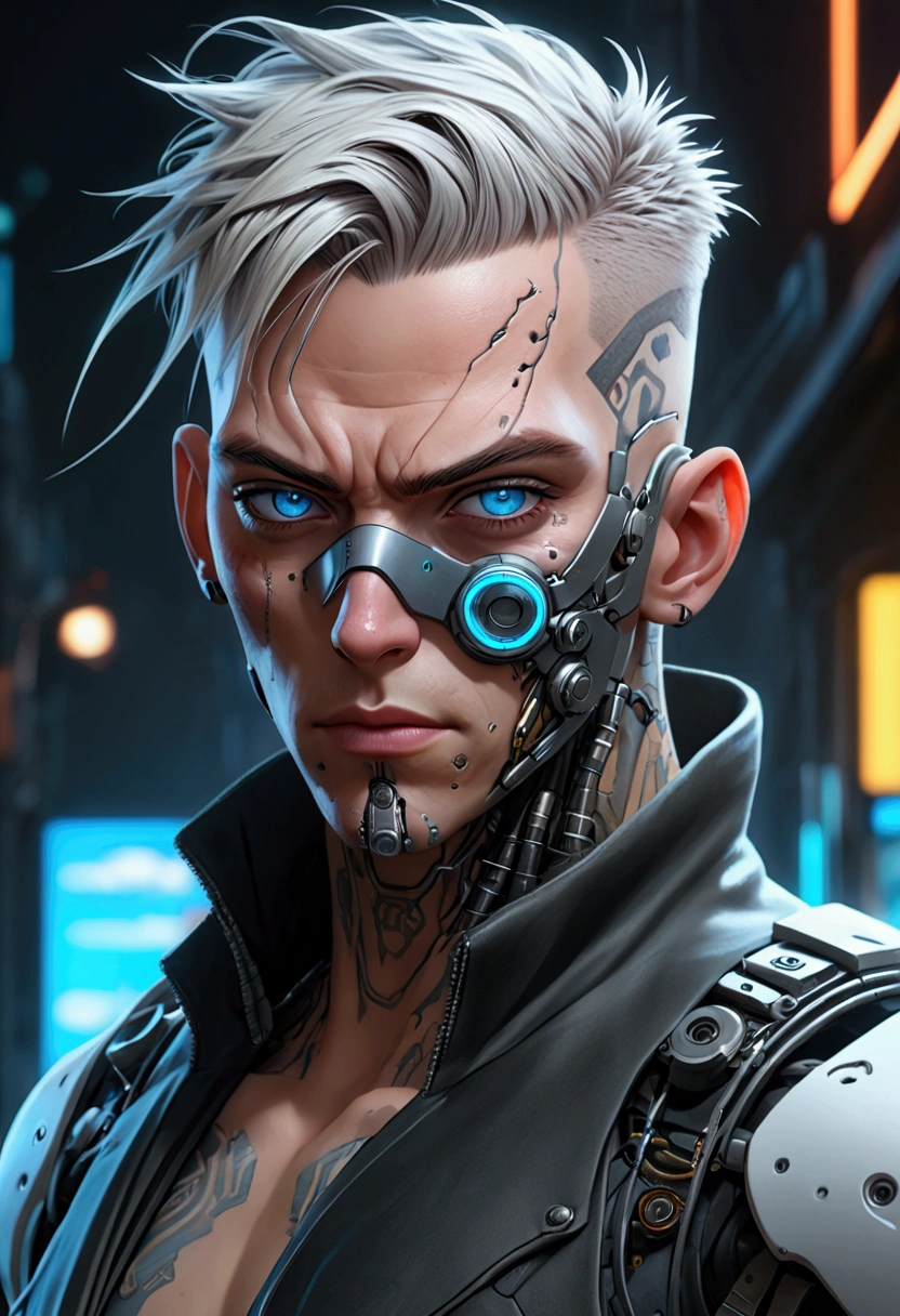 (best quality, Art, animation styling, Full of details), 1 man, official anime art illustration, White person with blue eyes, Cartoon of a man wearing a mask on his face, ((Rotting)) protruding eyes, semi-realistic cyberpunk style, Portrait of a cyberpunk man, cyberpunk art ultrarealistic 8k, cyberpunk style , hyper realist, cyberpunk character, Trends in ArtStation, Complete movie character, Trends in ArtStation 4k, Portrait of a cyberpunk cyborg, Cinematic realistic portraits, A perfectly realistic cyberpunk hero., incRottingibly detailed, 8k, Ultra HD, Art, best quality, very detailed, convoluted, Expressing the upper body, Show me your waist