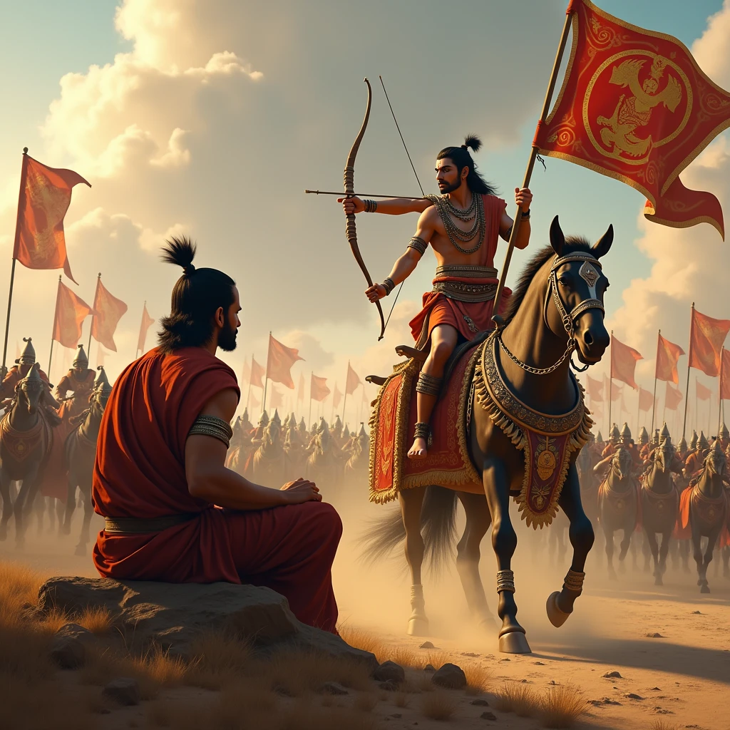 Visualize a dramatic battlefield scene where Arjuna, adorned with a prominent Hanuman banner on his chariot, is preparing for battle. Show Arjuna with a determined expression, drawing his bowstring with great focus and strength. His chariot, richly decorated with intricate designs and adorned with traditional armor and weaponry, should be in the midst of the battlefield. Krishna, his charioteer, should be depicted sitting beside him, attentive and ready, as Arjuna begins to speak. In the background, the Kaurava army is arranged in a dense, formidable formation. Capture the scene with detailed elements such as dust clouds rising from the battlefield, banners fluttering, and soldiers preparing for the impending conflict. Highlight the contrast between the calm, contemplative moment of Arjuna and the tense, organized mass of the Kaurava forces, setting the stage for the ensuing dialogue."