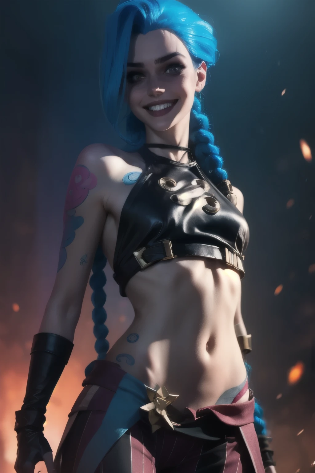 Hyper realistic super detailed Jinx cosplay , ((Young teen girl, 15 years old)) , Very detailed, (hyper realistic: 1.4), in dynamic pose, (((psycho face, creppy smiling ))) , twin braids, long hair, blue hair, ((skinny hot Body)), ( red eyes) , ((tattooed arm)) , arcane style. ((Cinematic explosion background, cinematic lighting)).