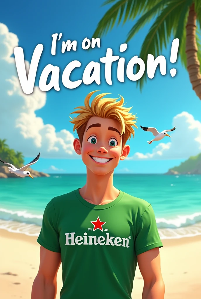 Create an image of a young white man with blond hair wearing a Heineken shirt on the beach with the phrase saying: I&#39;m on vacation !! Disney  style

