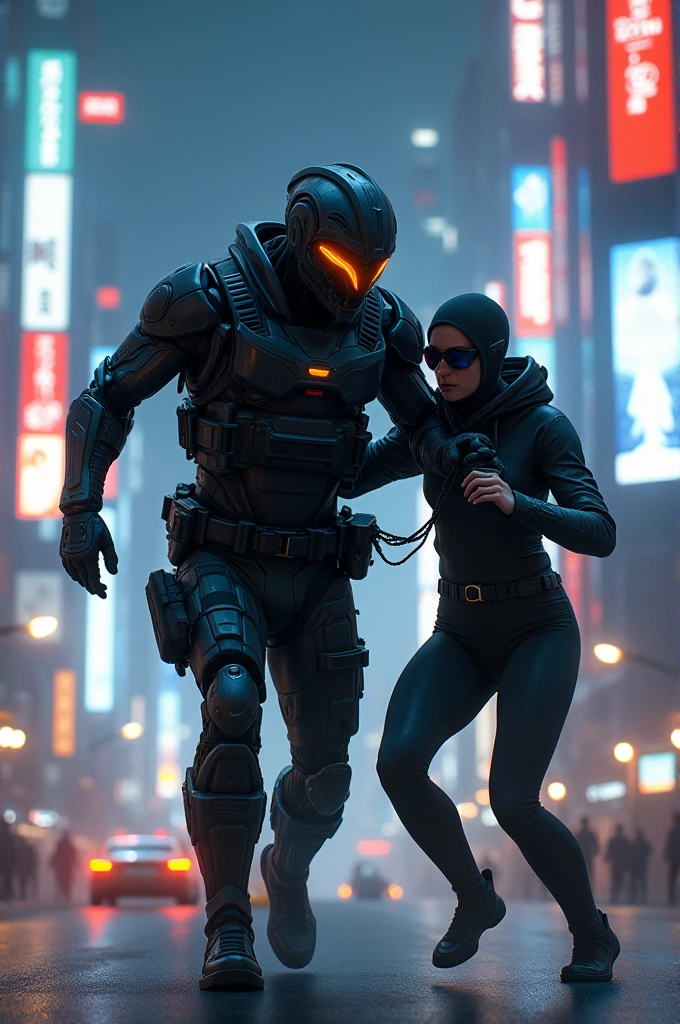 Futuristic cop arresting a thief 