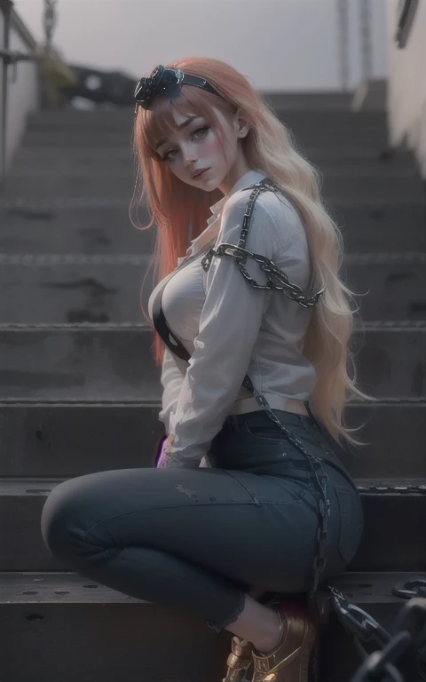 Nude masterpiece makima with the face of Taylor Swift\ (chainsaw man\), best quality, ultra detailed, 1girl, solo, standing, red hair, long braided hair, golden eyes, bangs, massive breasts, white shirt, tie, look, smile, (bad: 1.2), looking at the viewer, (interview: 1.3), (dark background, chains: 1.3), from above, sharp contrast, beautiful detailed eyes, focus, close up shot