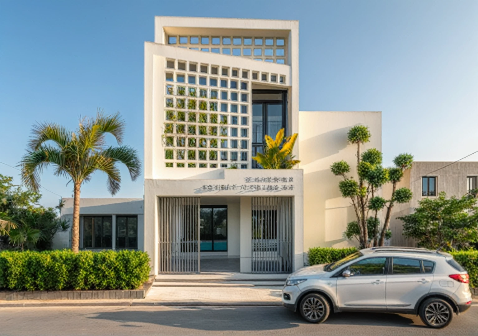 Raw photo,Masterpiece, high quality, best quality, authentic, super detail, exterior, outdoors,Tuonghoagio,house, modern stytle, on the street,wind flower wall, glass windows, white wall,gate, metal railing road,pavement, grass, trees, blue sky, (daylight:1.1), ((realistic photo))