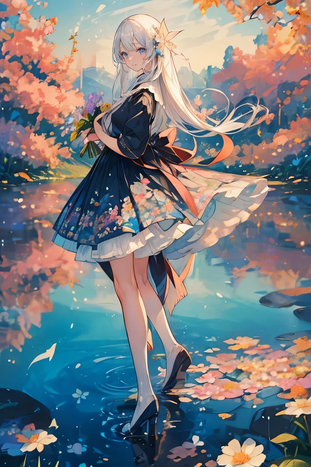 (Mastepiece), (Best Quality), Very detailed, 1 girl, Solo full body shot, Perfect Face, beautiful girl, Very detailedな顔,(White hair long hair:1.5),(blue eyes:1.4),(Lots of butterflies々:1.2)、(Lots of flowers:1.4)、(Lots of flowersびら:1.3)、(Sparkling:1.3)、(smile:1.3)