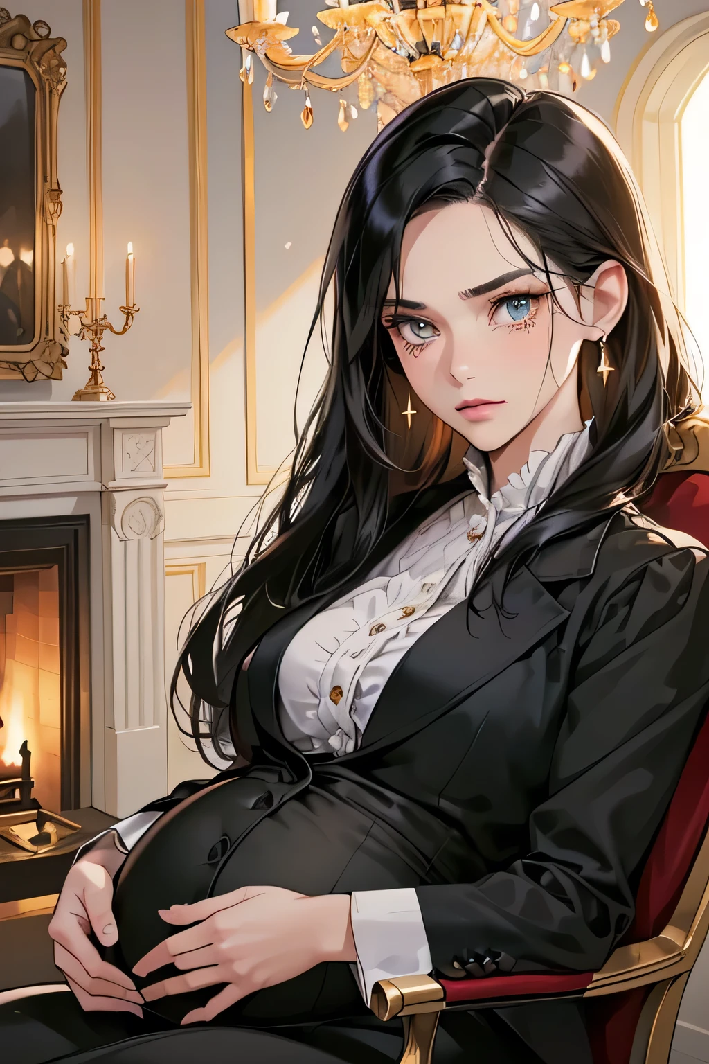 (masutepiece, Digital Art, Digital Illustration, 4K, 8K, Ultra-detailed, beautiful image, Sharp Image, Photorealistic, Raw photo, Perfect face, Perfect lines, Perfect eyes, Soft lighting) 1 woman, (Long Black Hair,straight haired,Bullish gaze,Beautie,ellegance,big pregnant belly,mannish,Wearing a suit,Solid makeup,23 y-o woman,small tits:1.3),Two handsome men in suits, (ember,Men in suits,well-muscled,Firm shoulder width,Adult male,Boyish hairstyle,English gentlemanly style,Man in his 30s with a cool expression,28-year-old man with bright smile:1.2),Antique furnishings,Antique Clamps,Antique chair,chandeliers,Crystal Glass,fantastical light,Marble fireplace,,(First failure,irritation,Crying face,vexation:1.2),At work,