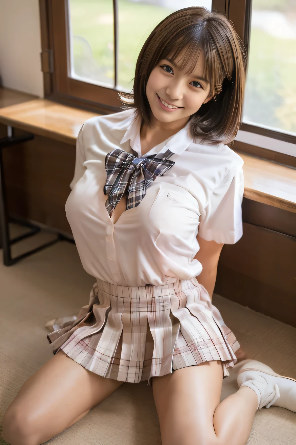 (masterpiece:1.3, highest quality), (realistic, photorealistic:1.4), perfect lighting, perfect anatomy, looking at the viewer, full body, Front view:0.6, 1 girl, alone, Japanese, high school girl, Improve, big breasts, big ass, seductive thighs, skin dents,
(short hair), asymmetrical bangs, brown eyes, parted lips, (very tanned and shiny skin),
beautiful hair, beautiful face, highly detailed face, detailed and beautiful eyes, beautiful clavicle, beautiful body, beautiful breasts, beautiful thighs, beautiful feet, beautiful fingers, ((collared short sleeve shirt, white shirt, school uniform, pink plaid pleated skirt, black tie)), white panties, polka dot hair scrunchie,
( sexy pose), (enchanting smile), evening,Sit in the classroom,gal,(brown skin:1.5),(view from below),1dildo, underwear, dildo under panties
dildo under clothes
dildo in pussy
standing