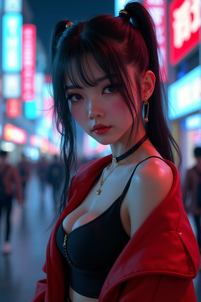 masterpiece, best quality, HuTaoV4, 1girl, solo, blush, twintails, long hair, hair between eyes, ((streetwear clothes)), city, outdoors, night, movie poster, extremely detailed 8K, smooth, high resolution, ultra quality, cinematic lighting, ambient occlusion, hd, 2k, 4k, 8k, 16k, extremely detailed anime, detailed faces, perfect composition, wide shot, atmospheric lighting, very sexy, lift skirt, random low back angle, uncensored, nsfw, sin censura