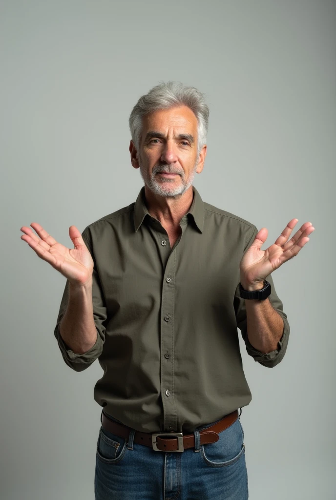 A man indicates his to hand in two sides 