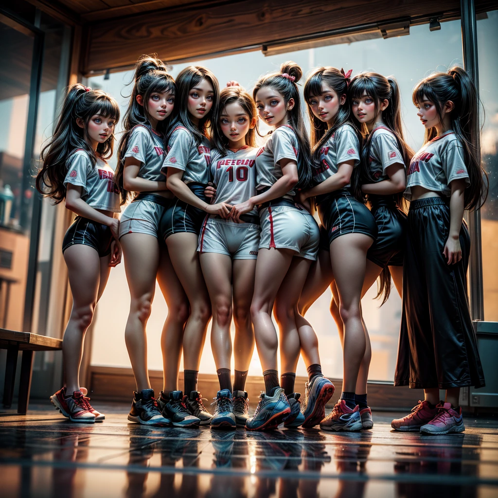 ExtremelyDetailed (((Athletes Team Kawaii Kids in a row:1.4))), Childish perfect face, Reflective Eyes, Detailed(Delicate Clothing textures), Corrected Leg to Foot Line, Corrected Perfect Hand, Dynamic Joyful Expressions LifeLike Rendering, ((Specular Reflection:1.28)), TopQuality 8K Ultra-detailed masterpiece (ProfessionalPhoto:1.37)(Acutance:0.8),(Luminism:1.22), ((Changing Clothes Exposed Underwear))