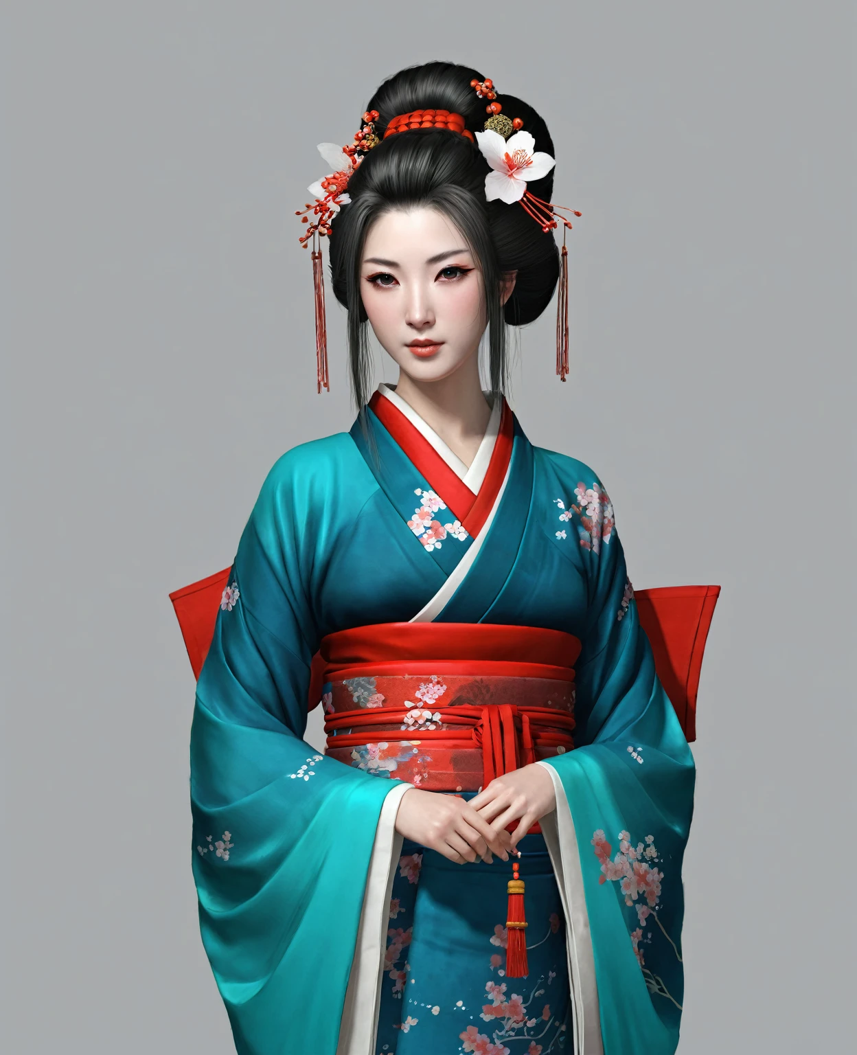 Нарисуй concept-арт самурая для MMORPG, centered on a Japanese setting. A geisha should inspire grace, sophistication and mystery, typical of Japanese culture. Picture her in a traditional kimono with details, combining elements of traditional and fantasy design. full length, concept, full length персонаж, digital painting
