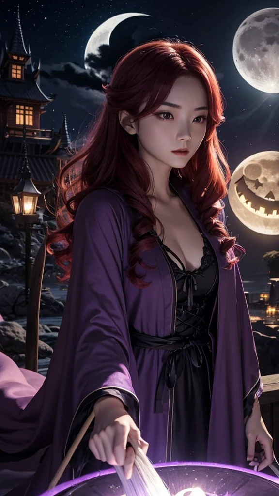 Moonlit Night、Gliding through the sky、Straddling a broom、mystery、Purple Robe、Food、Black cat、Twilight、Jack Lantern、Red hair、ambition、strong、witch、