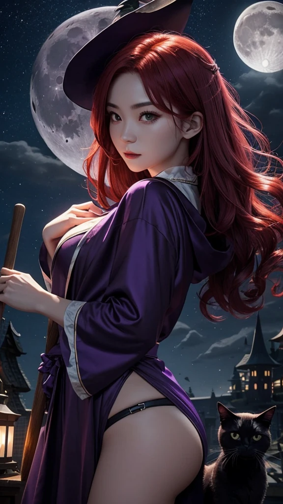 Moonlit Night、Gliding through the sky、Straddling a broom、mystery、Purple Robe、Food、Black cat、Twilight、Jack Lantern、Red hair、ambition、strong、witch、