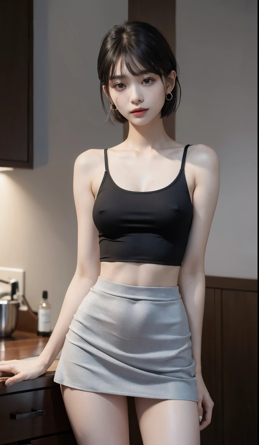 Absurd, RAW Photos, Very delicate and beautiful, masterpiece, Highest quality, Ultra-high resolution, 16K, Surreal, Very detailed, (Perfect Anatomy), Very detailed肌, Perfect figure, Very detailed CG 8k 壁紙, : 16,ery slim figure, Tight waist, very small head, Very small face, Delicate facial features, Tearful mole, Earrings, Thin legs, (Very big round breasts), (Full Body Shot), Short Medium Hair, (Ultra mini skirt suit), (Tank top with bare shoulders),Extremely exposed skin,Long legs,Thin legs,Tall,Small Ass,9 heads,beautiful girl,cute,Firm and slim thighs,long thighs,Reproduce the fair bare legs in detail,Bare legs,Her erect nipples are clearly visible through her clothes