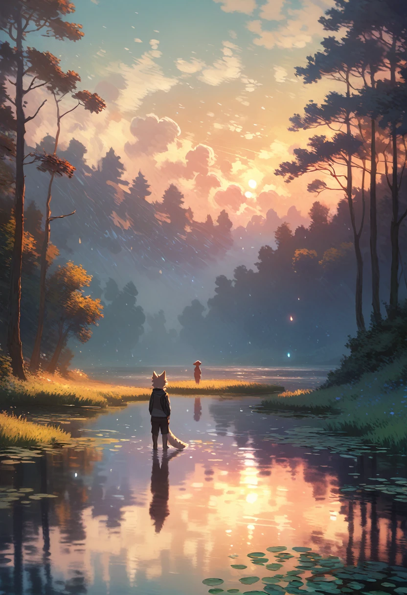 High-quality illustrations by Claude Monet, Impressionism, cover_page, highres, absurdres, detailed background, lake, dawn, detailed forest, clouds, Mysterious and romantic atmosphere, caustics surface(refraction, polarization)perfect anatomy(handsome 1boy, single, kemono, solo focus)volumetric lighting, Wet clothes, Water droplets(furry anthro)(very detailed body fur)full body, soft and delicate color palette, dramatic composition,