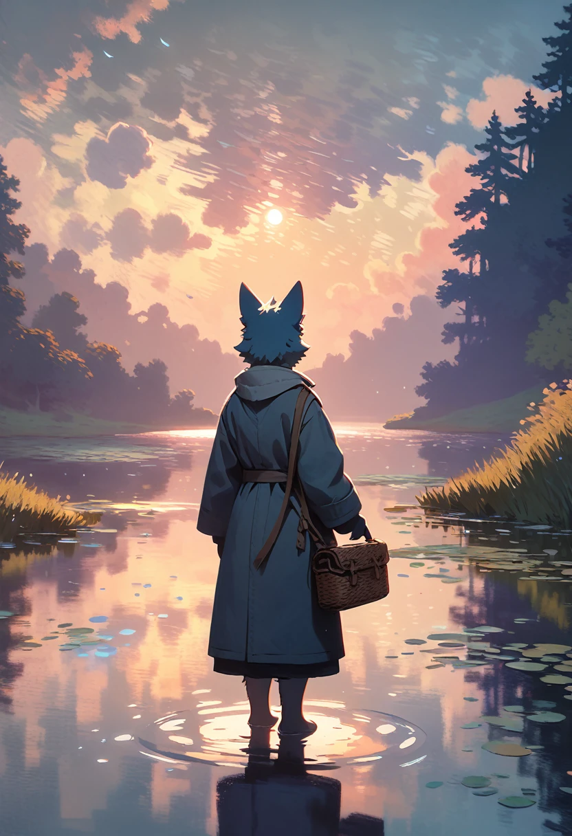 High-quality illustrations by Claude Monet, Impressionism, cover_page, highres, absurdres, detailed background, lake, dawn, detailed forest, clouds, Mysterious and romantic atmosphere, caustics surface(refraction, polarization)perfect anatomy(handsome 1boy, single, kemono, solo focus)volumetric lighting, Wet clothes, Water droplets(furry anthro)(very detailed body fur)full body, soft and delicate color palette, dramatic composition,