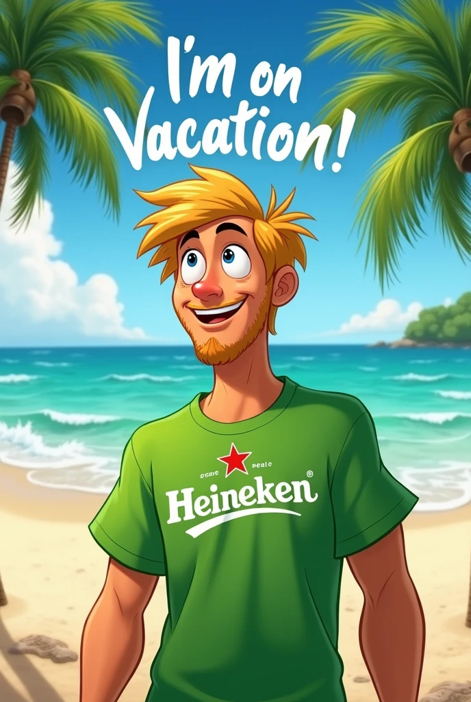 Create an image of a young white man with blond hair wearing a Heineken shirt on the beach with the phrase saying: I'm on vacation !! Disney style