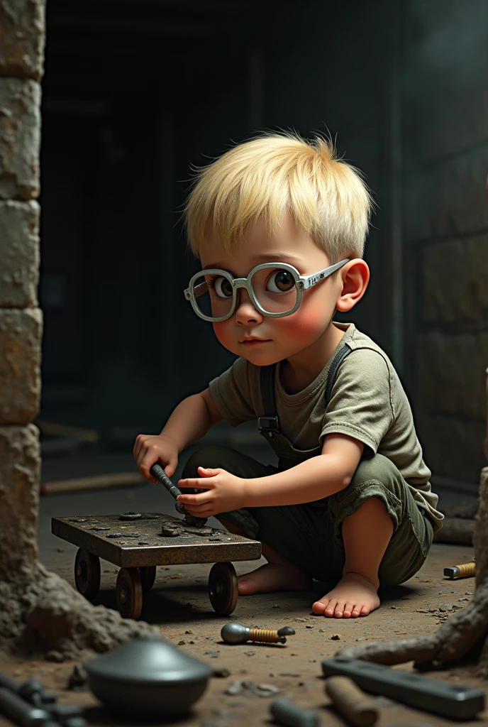 Blond with white glasses named Wilson, working in an unhealthy, clandestine factory in Thailand, producing metal carts