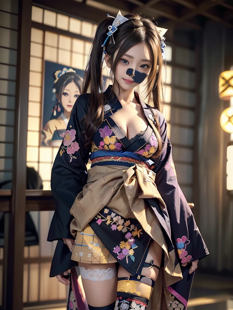 (Full Body View:1.2)、(Side view:1.1)、(Beautiful lips, cheeks and skin:1.4)、(Beautiful:1.4)、(Smiling with teeth showing:1.3),(Shibuya Gal:1.5)、(Gothic ta vibe:1.5)、(Black, yellow, magenta, and blue miniskirt courtesan kimono showing cleavage:1.5)、(Delicate depiction:1.4)、(Luxury hair ornaments/hairpin:1.5)、(Short kimono:1.4)、(Make-up like a maiko:1.5)、(Bewitching Woman:1.3)、(Dense kimono:1.4)、(Wearing flashy knee socks:1.2)、(The underwear has an embroidered pattern:1.4)、40 years old、(Dance vigorously:1.3)、((Highest quality、8k、masterpiece:1.3))、1 Female、Slim and beautiful abs:1.3、(hairstyle casual、Beautiful boobs:1.1)、dress:1.1、Super small face、Narrow eyes、double eyelid、A sloppy smile、Esbian all over body、Dynamic Angle、Close-up、CPL Filter、Blurred Background、Bokeh、Blue Hour、Detailed face and skin texture、Detailed eyes、double eyelid,(Twin tails:1.3)、(Brown-golden hair:1.3)、Gravure idol、(The background is a gorgeous Meiji-era town:1.3)、(Thin body:1.2),(Thin thighs:1.5),(clavicle:1.1)