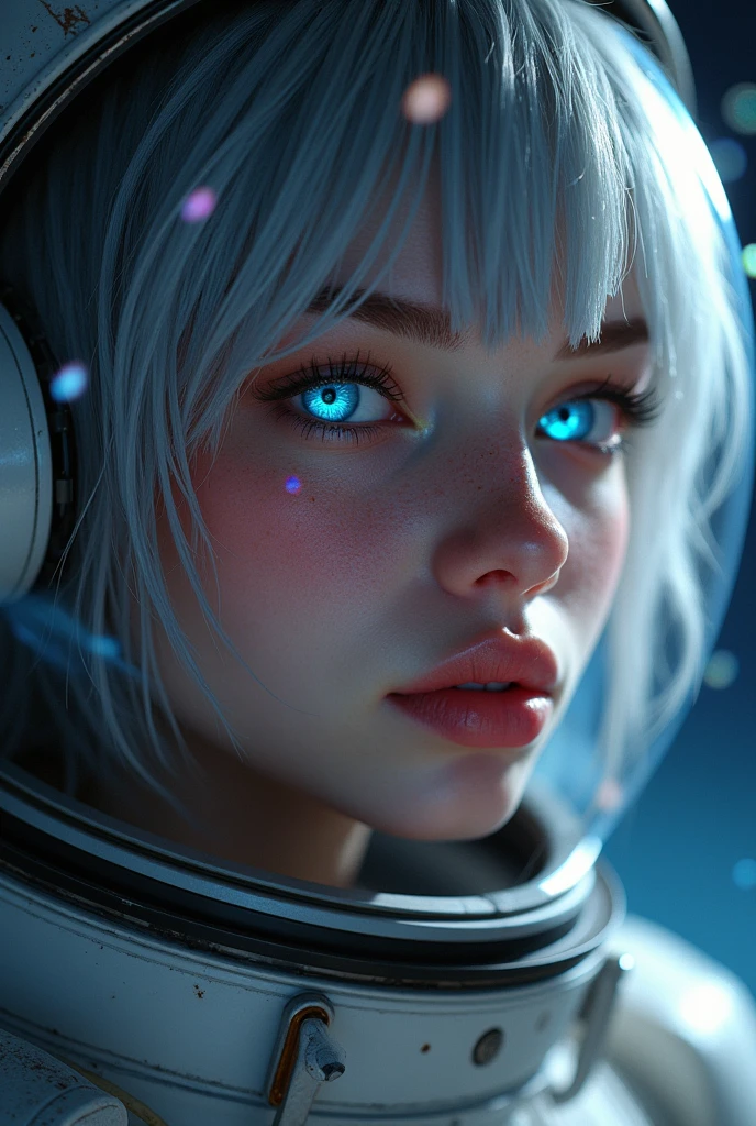 (Close-up of a better masterpiece:1.5)0.9], (Space and astronauts:1.2) (Messy silver hair:1.1) (Heterochromia xanthochromia and blue eyes:1.2) (Space Helmet:1.0) (Colored stars in the eyes:1.0) (A radiant glow:1.1) (thick lips:0.9)