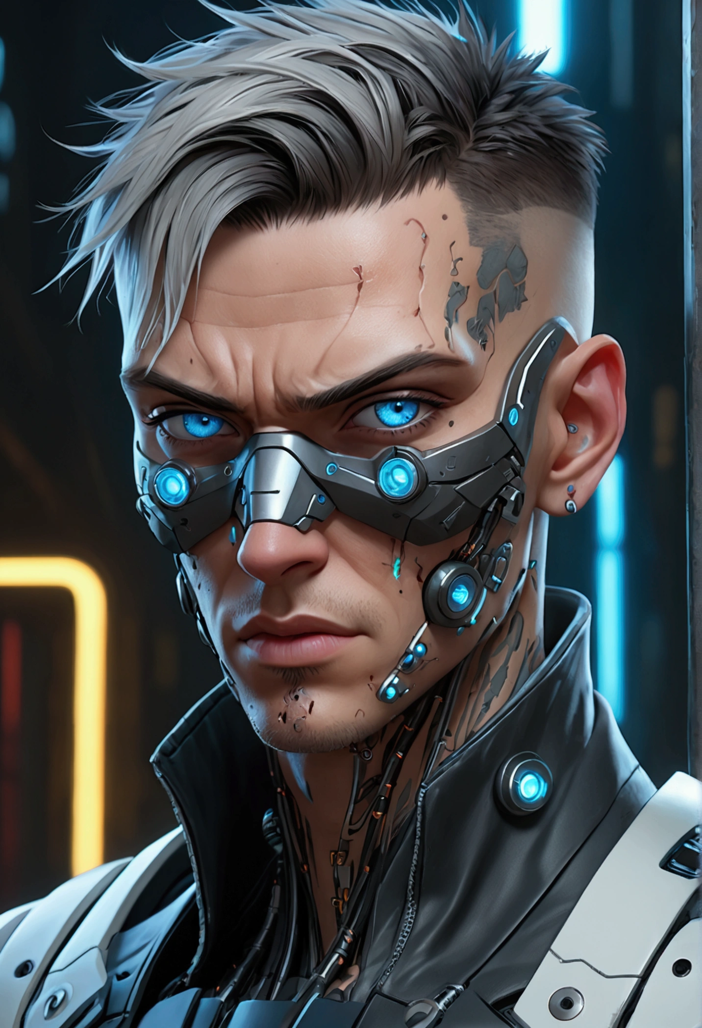 (best quality, Art, animation styling, Full of details), 1 man, official anime art illustration, White person with blue eyes, Cartoon of a man wearing a mask on his face, ((Rotting)) protruding eyes, semi-realistic cyberpunk style, Portrait of a cyberpunk man, cyberpunk art ultrarealistic 8k, cyberpunk style , hyper realist, cyberpunk character, Trends in ArtStation, Complete movie character, Trends in ArtStation 4k, Cyberpunk Cyborg Upper Body, Realistic upper body like a movie, A perfectly realistic cyberpunk hero., incRottingibly detailed, 8k, Ultra HD, Art, best quality, very detailed, convoluted, Expressing the upper body, Show me your waist