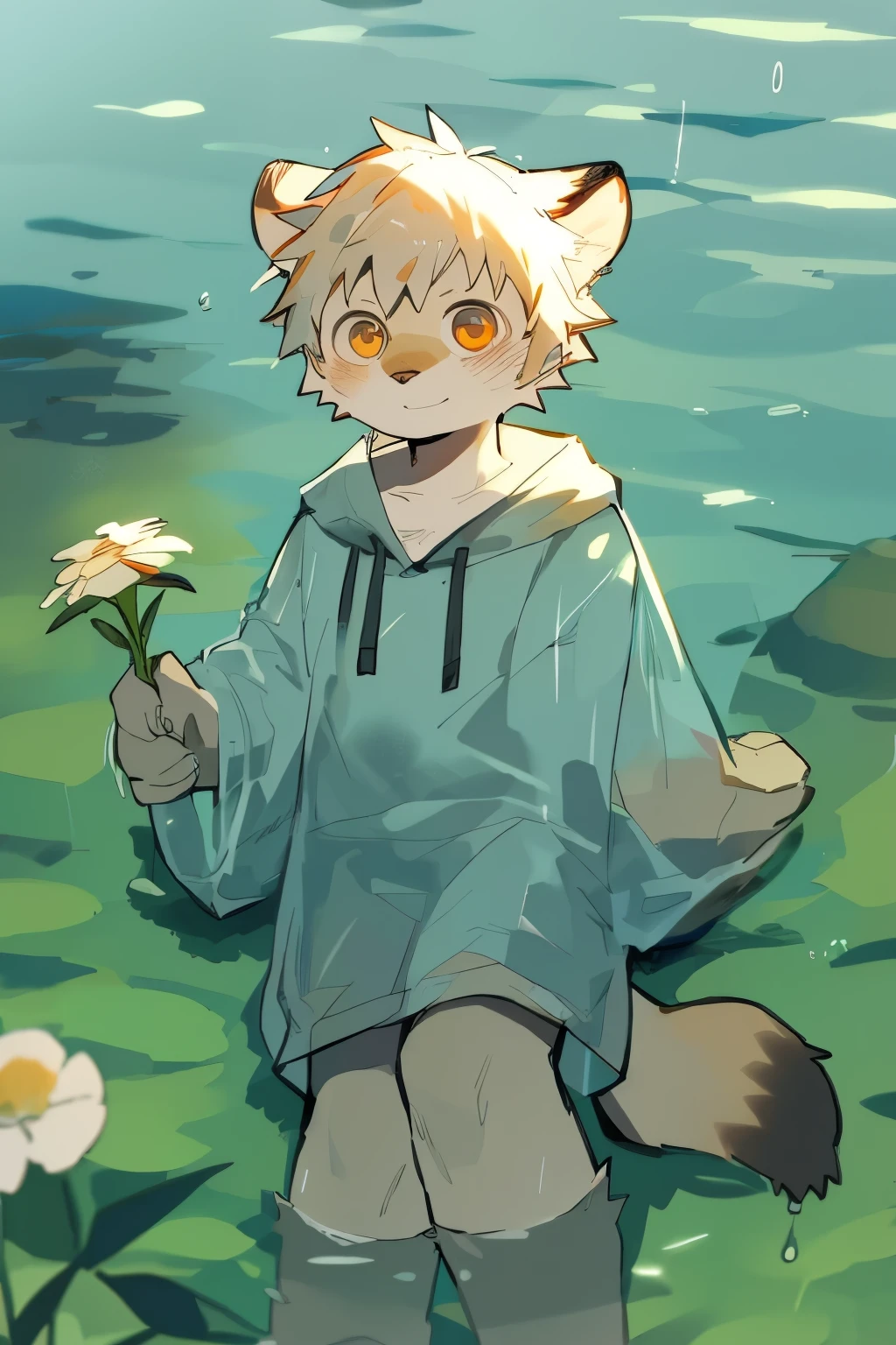 Masterpiece, Best quality, Perfect anatomy, Watery eyes, author：Milk Tiger 1145, author：K0bit0wani, Furry, coyote, (Phyllis:0.3), muscular male, solo, wears, baggy clothes, wet fur, (Translucent raincoat:1.1), (holding flower:1.1), Lying, bird's eyes view, grass, rain, water, Rained，((Boy，shota))，boy，Pino Deheny, Carney announced, milkytiger1145, boy, Yes，