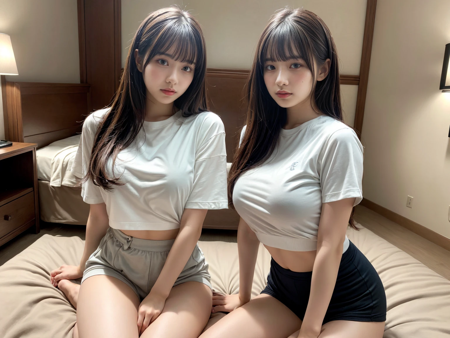 masterpiece, best quality, illustration, Super detailed, fine details, High resolution, 8K,wall paper, perfect dynamic composition,(Details High quality, realistic depiction of eyes:1.3), (2 girls), oversized sport shirt, shorts women, sitting, open legs, short bob hair, in a hotel room in the background, deep on field, large breasts, black hair color, Big Natural Color Lip, (perfect body shape), crying a little、Harajuku style、20 year old girl、cute type、beautiful legs, Gravure Idol